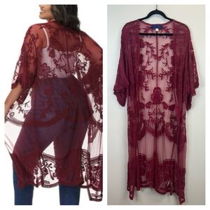 Blue Rain M Cotton Burgundy Lace Kimono Cardigan Floral Boho Gypsy Beachy Travel